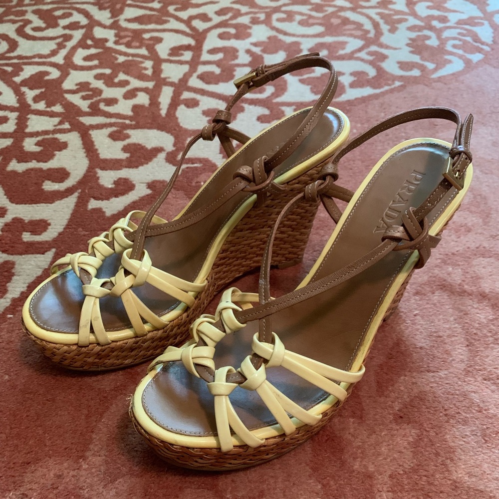 Prada Brown and Cream Wedge Sandals